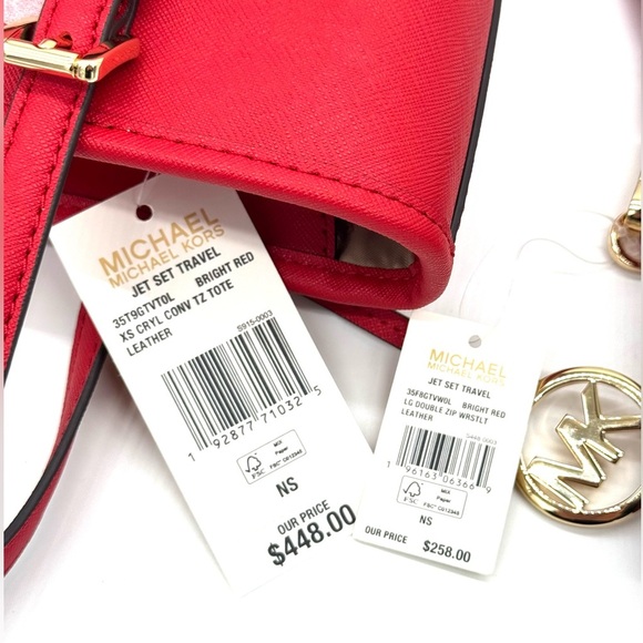 Michael Kors Jet Set Travel Extra-Small Top Zip Tote Bag & Double Zip Wallet Red - Picture 12 of 12